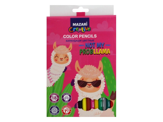 Карандаши цветные 18цв Mazari LLama пластик шестигранные M-6189-18