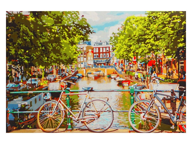 Картина по номерам 40*50см Рыжий кот Велосипеды на мосту в Амстердаме Х-3470