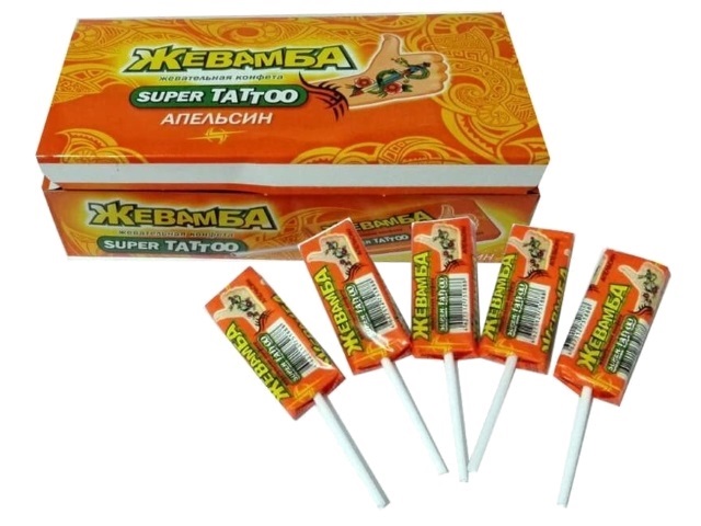 Жевательная конфета Жевамба Super Tatoo Апельсин 50 шт. по 10г Канди Клаб 751918