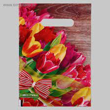 Пакет с прорезной ручкой 20*30см Тюльпаны с бантом НФ-00000789