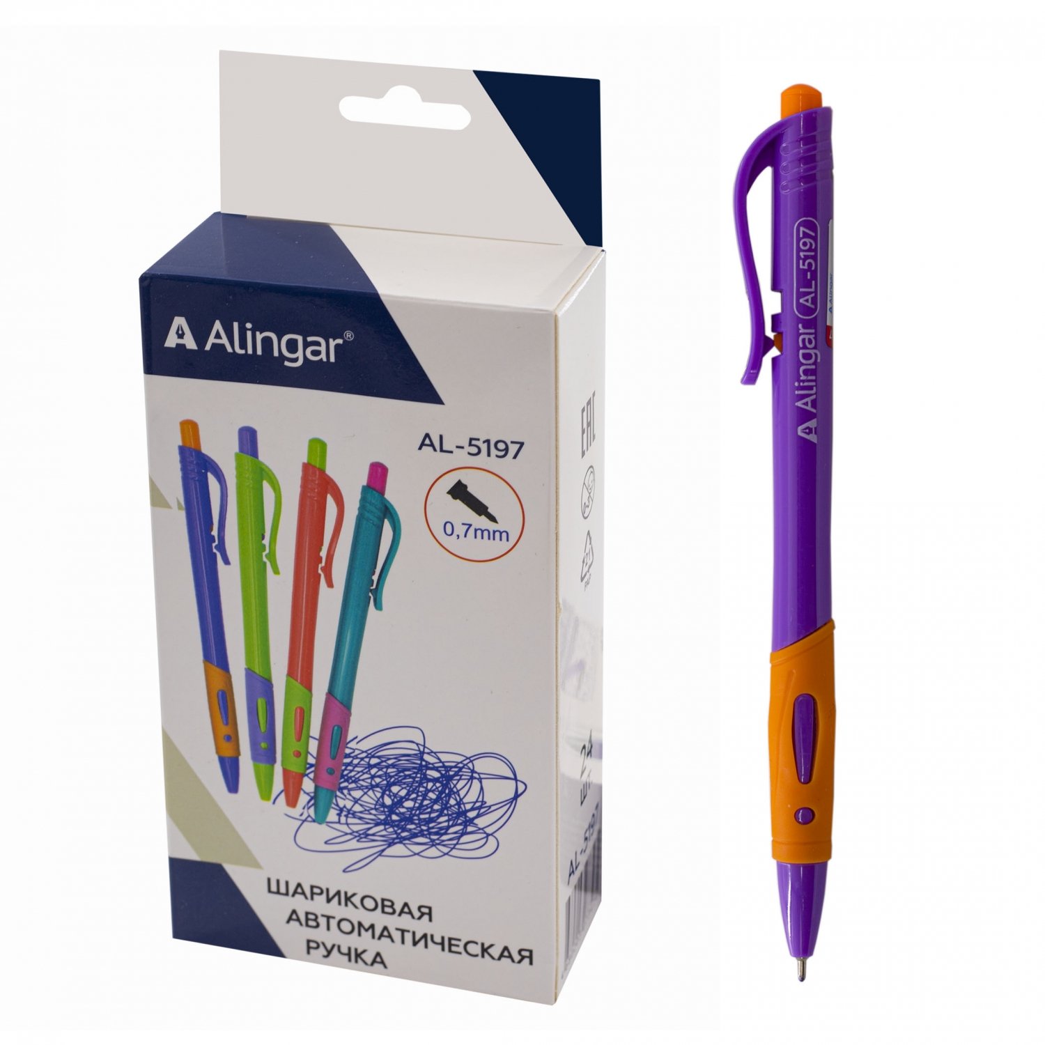 Ручка шариковая автомат Alingar синяя 0.7мм ассорти AL5197/24