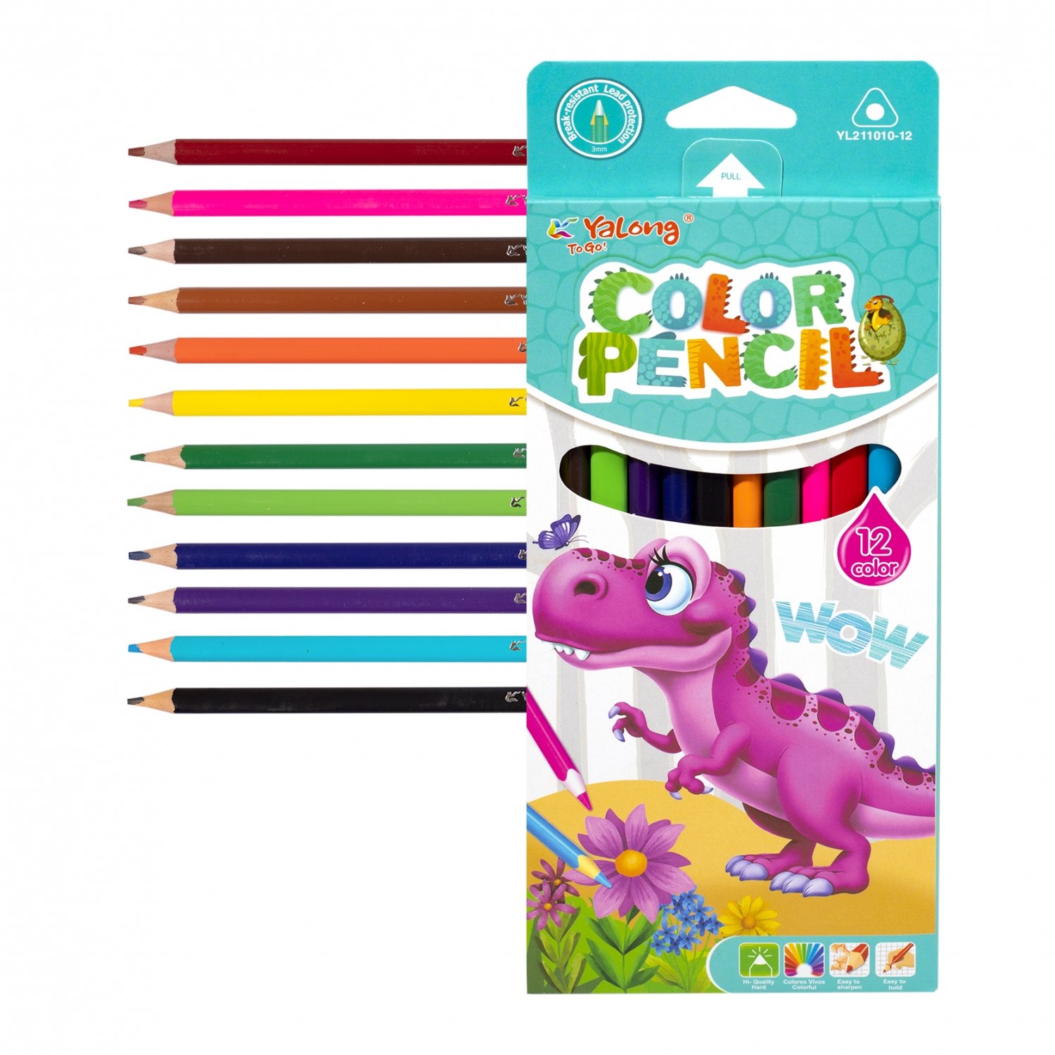 Карандаши 12цв цветные Yalong трехгранные Динозаврики YL211010-12