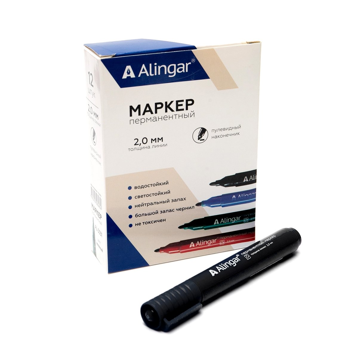 Маркер перманентный Alingar черный круглый 2мм AL5531/12