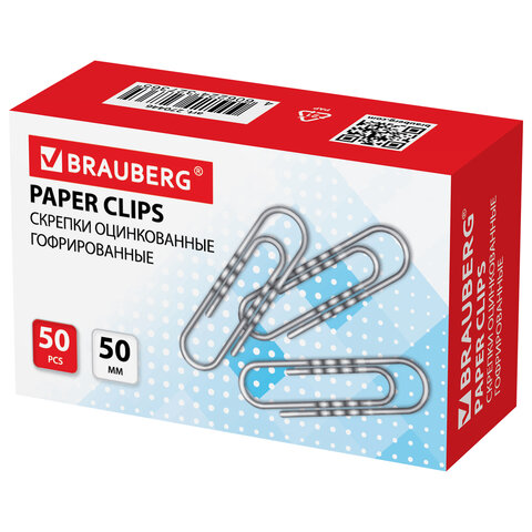 Скрепки 50мм 50шт Brauberg оцинкованные 270446