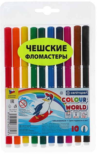 Фломастеры 10цв Centropen Пингвины Color World смываемые 7550/10TP
