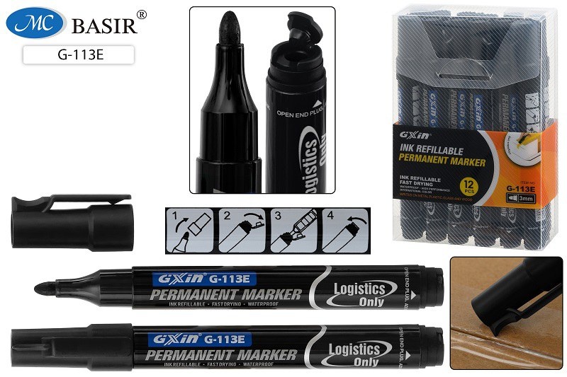 Маркер перманентный заправляемый Basir черный круглый 3мм G-113E/чёрн/