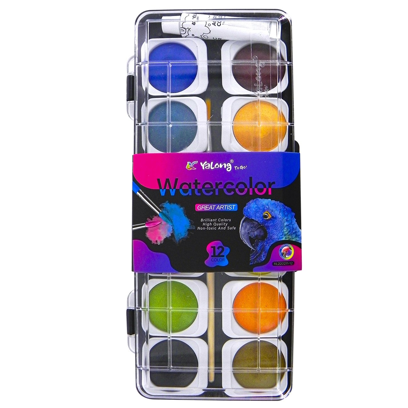 Акварель Yalong меловая 12 цвета+1 белая акриловая. с кистью. пластик. упаковка Рио YL222211-12