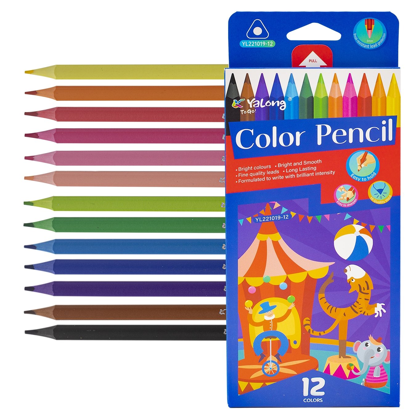 Карандаши 12 цв цветные Yalong. "Цирк" пластиковые. трехгранный корпус. заточенные YL221019-12