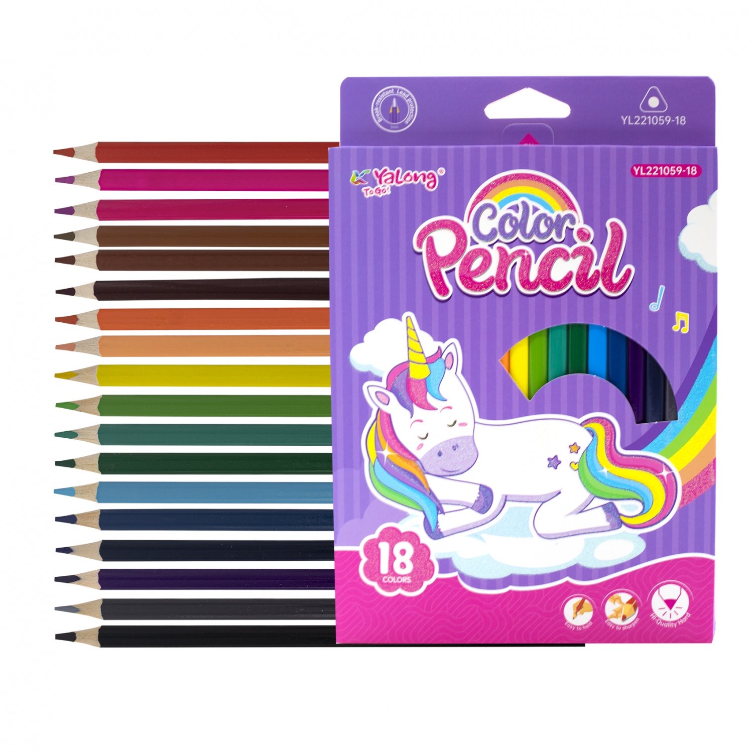 Карандаши 18 цв. цветные Yalong"Единорог" деревянные. трехгранные. заточнные YL221059-18