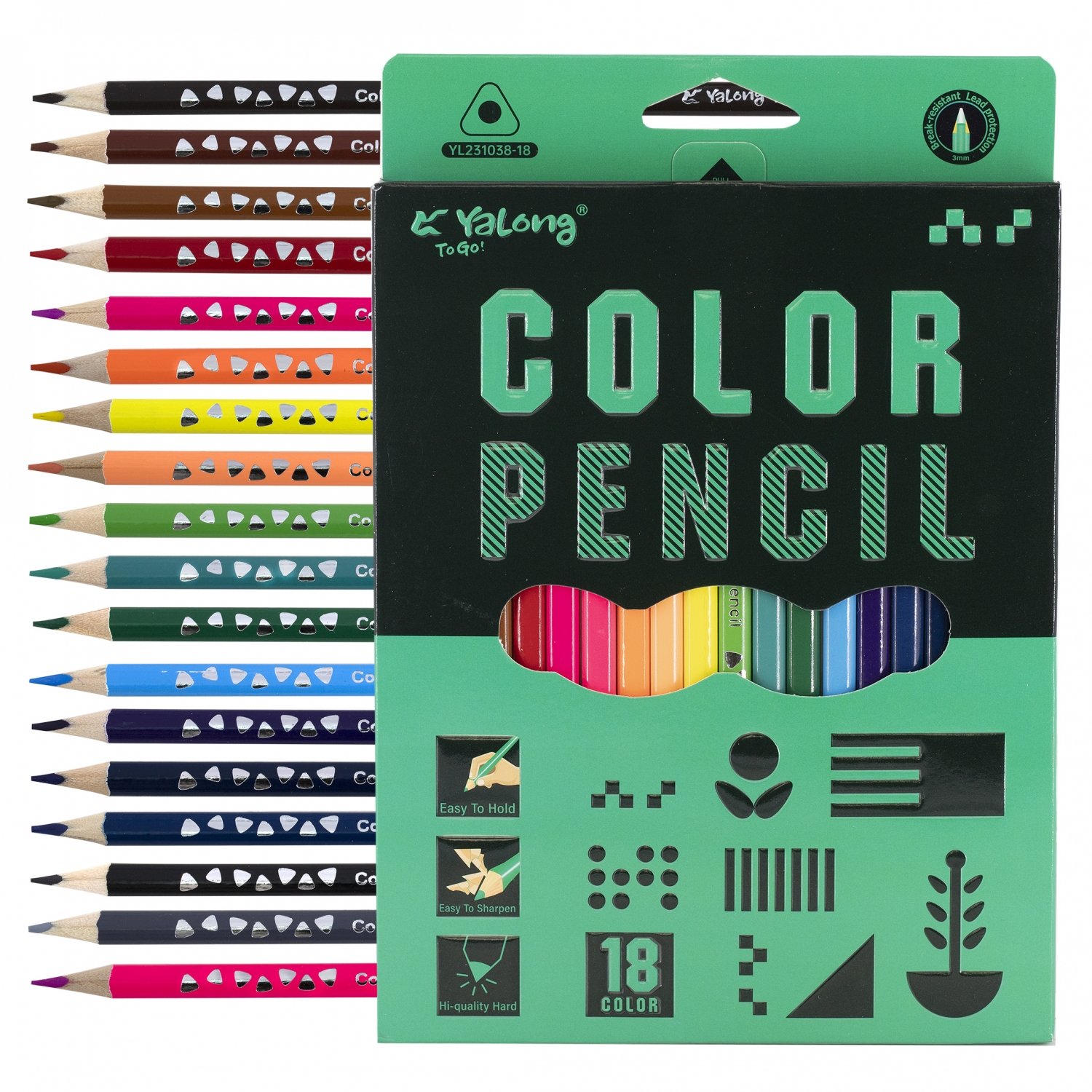 Карандаши 18 цв. цветные Yalong. "Пиксели" деревянные. трехгранные. заточнные YL231038-18