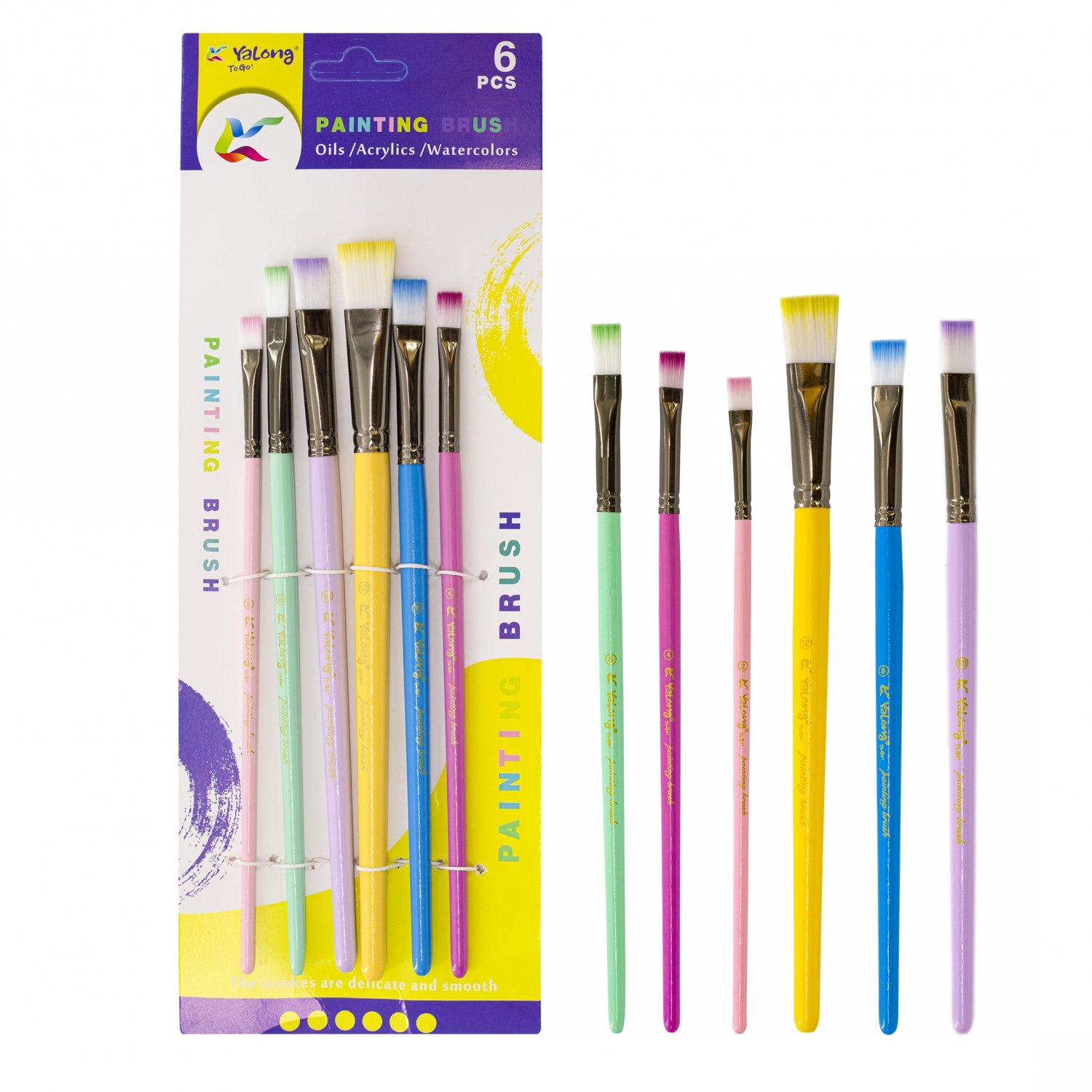 Кисти набор Yalong. 6 шт. нейлон. плоские №2. №4. №6. №8. №10. №12. разноцветные YL213713-1