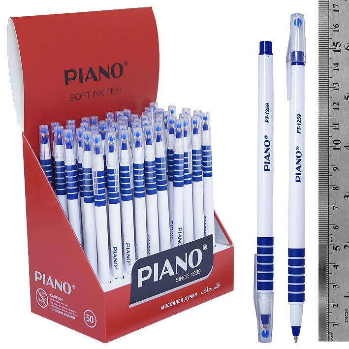 Ручка шариковая 0.5 мм синяя масл.. белый пласт.корпус. рез.грип Piano 1259-РТ /50 /2400