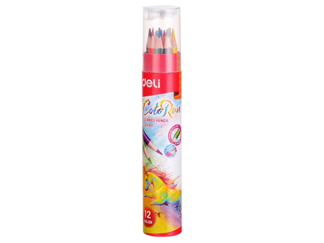 Карандаши цветные 12цв Deli ColoRun трехгранные с точилкой EC00307 в мет. тубусе