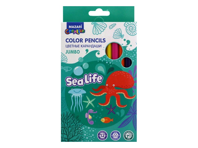 Карандаши цветные 12цв Mazari Sea Life Jumbo пластик трехгранные M-6175-12