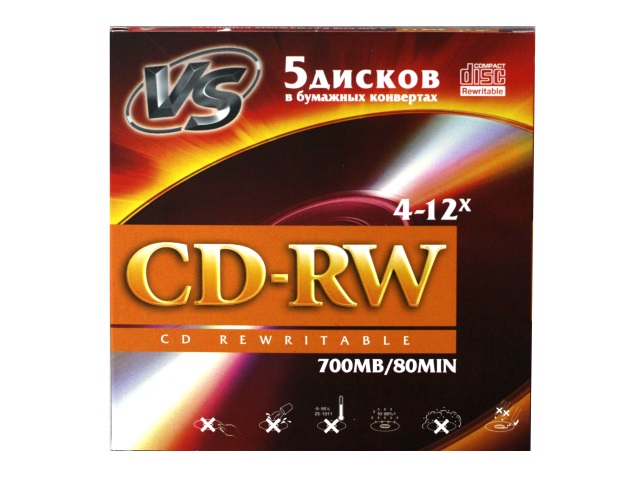 Диски 5 шт. CD-RW VS Bulk 700Mb в конверте