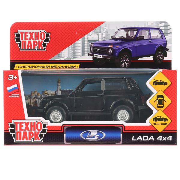 Машина металл LADA 4x4 длина 12 см. двери. багаж. инерц. черный. кор. Технопарк в кор.2*36шт