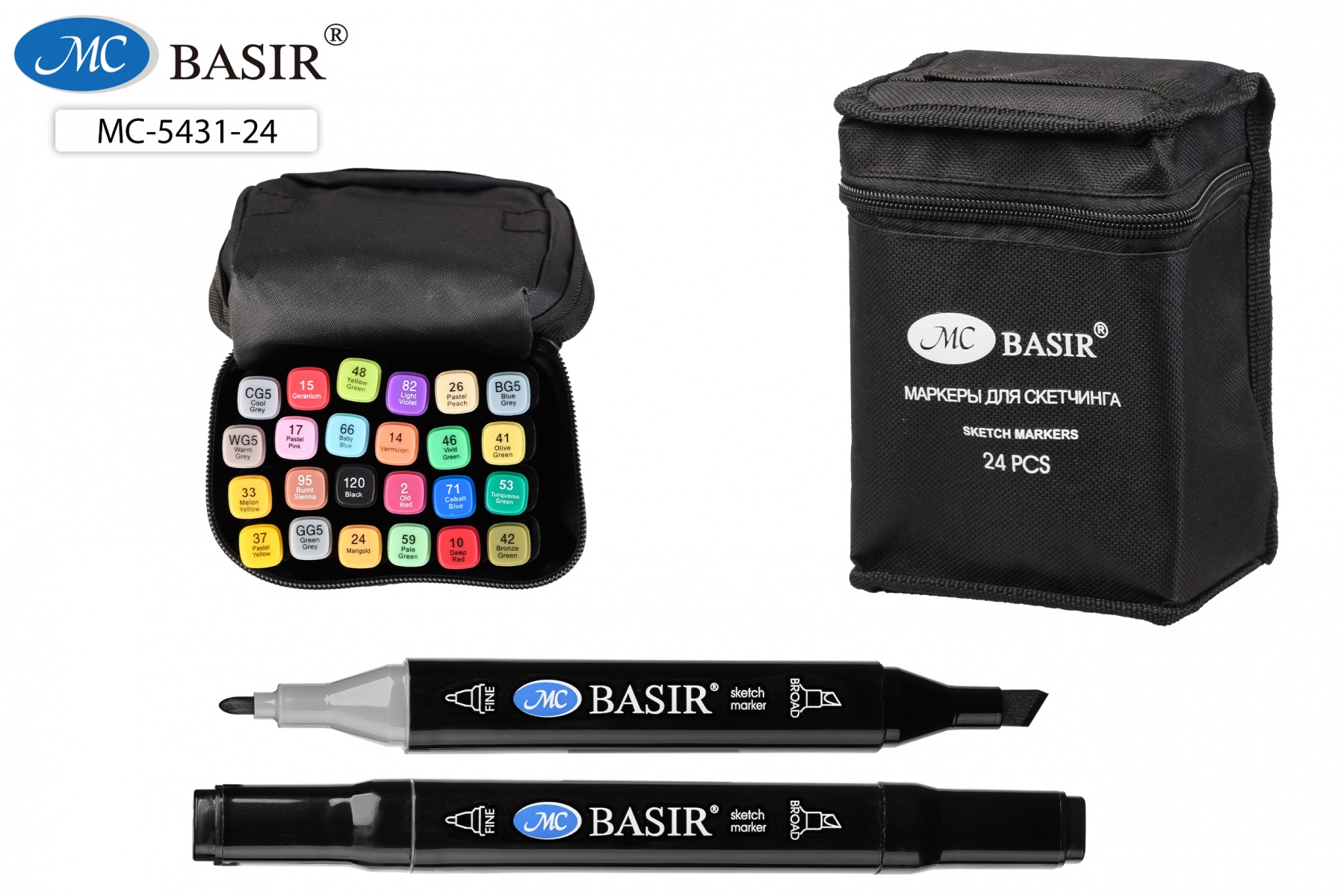 Маркеры для скетчинга  24 цв Basir двусторонние 1-7мм МС-5431-24/ 5188-24