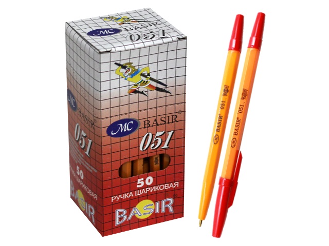 Ручка шариковая Basir 051 красная 1мм желтый корпус