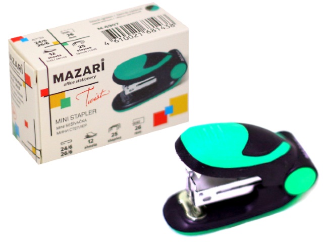 Степлер №24/6-26/6 12л Mazari Twist мини пластик цветной М-6907