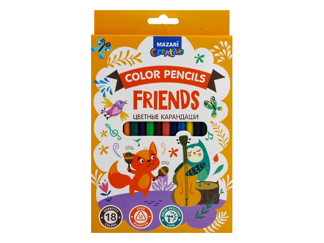 Карандаши цветные 18цв Mazari Friends пластик шестигранные M-6174-18